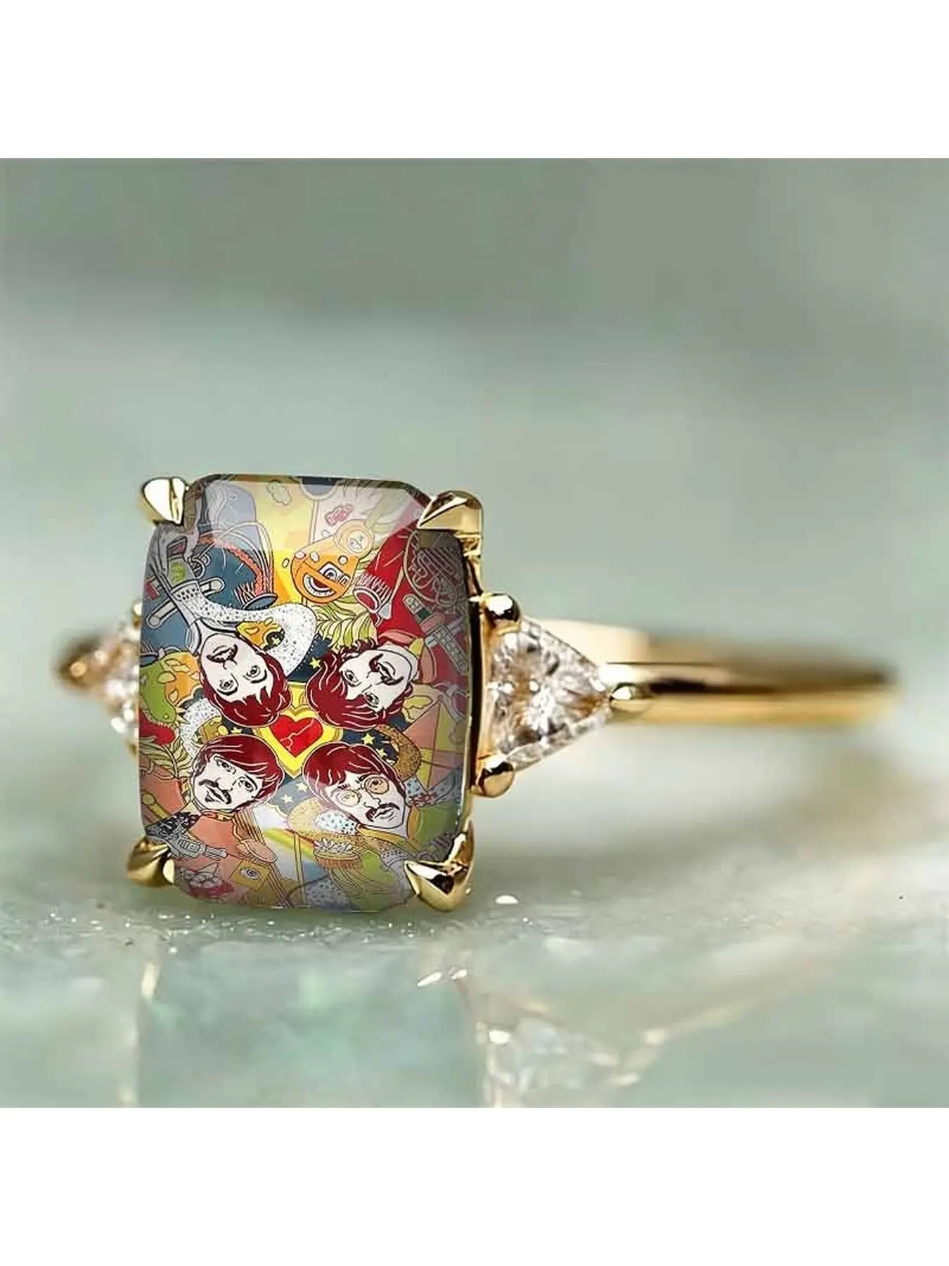 Retro Beatles-themed painted square ring. Rock art illustration ring. Trendy collectible jewelry for music enthusiasts' unique personal decoration.