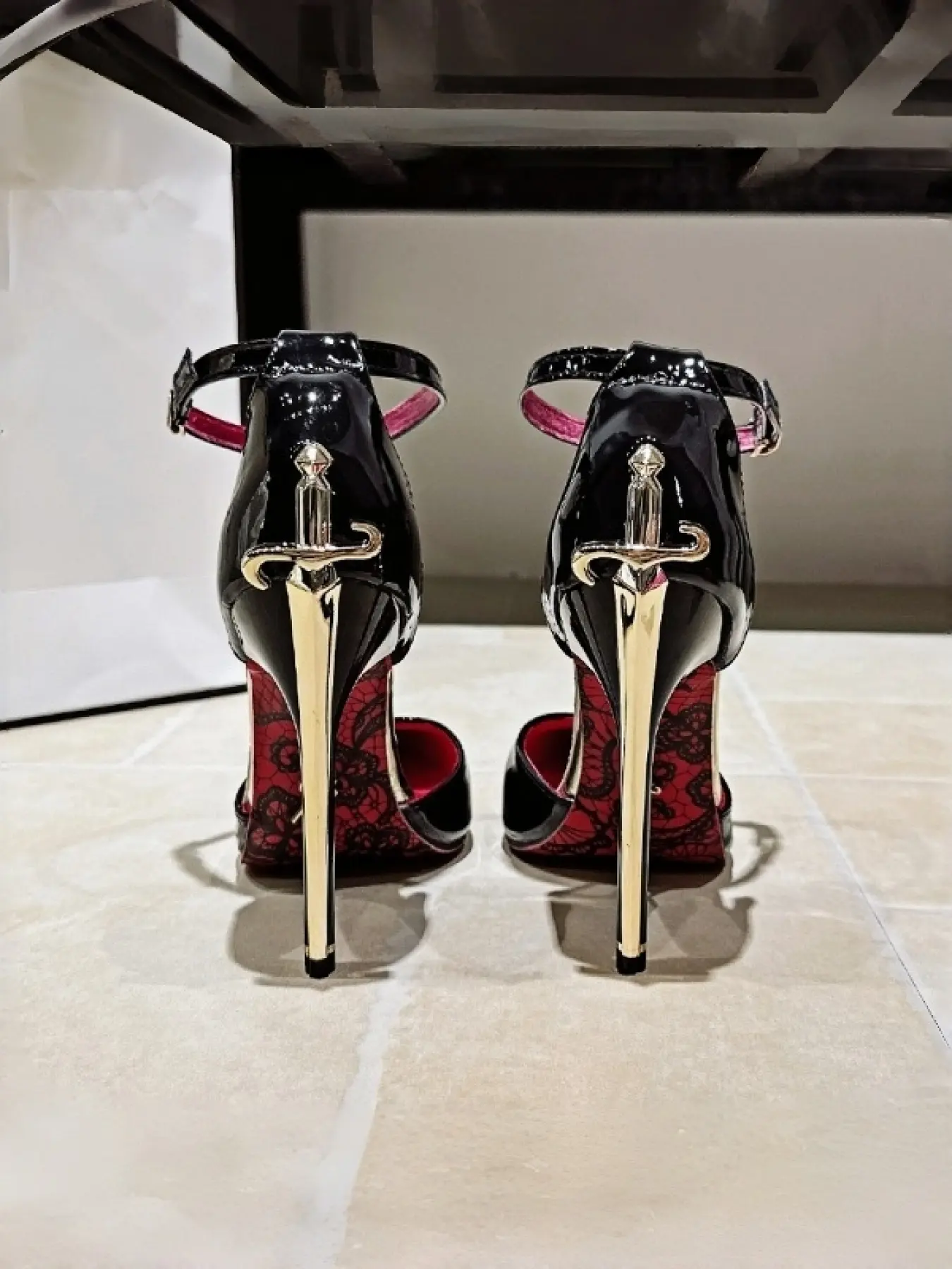 Women's Hot Pink Patent Leather Stiletto Heels, Sword-Shaped Metal Heel, Ankle Strap, Pointed Toe Party Pumps