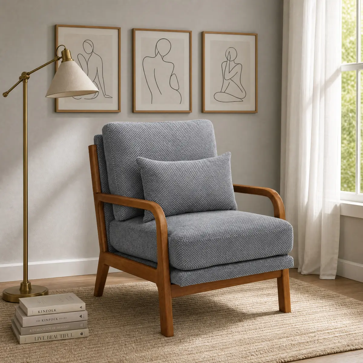 Accent Chair Mid Century Modern Chair, Living Room Chairs with Pillow Upholstered Lounge Arm Chair Reading Chair with Solid Wood Frame for Living Room Bedroom,Light Gray