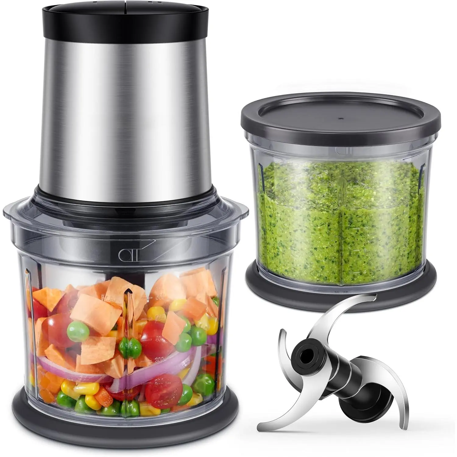 Compact 4-Cup Electric Food Processor - Small Footprint Round Shape Food Chopper with 2 Bowls, 2 Speed+Pulse, 4 Blades for Chop Mix Puree (Vegetables, Meat)