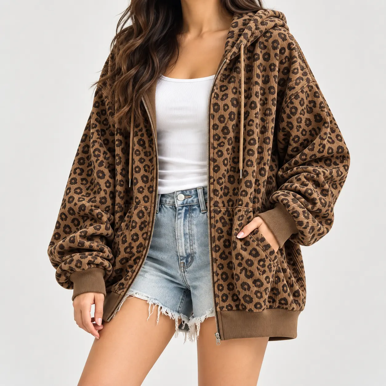Women’s Leopard Print Zip Up Hoodie Oversized Loose Fit Casual Hooded Jacket with Drawstring Front Pocket Streetwear Outerwear Fall Outfit Everyday Wear Cozy Comfy Travel Style Layering Top for Women Trendy Relaxed Fit Fashion Look Trend
