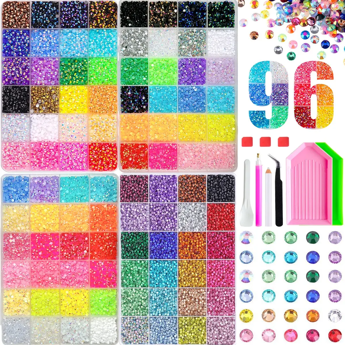 1Set Luxury Sparkling AB Crystal Nail Rhinestones Bedazzling Kit,96000PCS 3mm Semi-circular Flatback Bling Decorations for DIY Clothing Jewelry Nails Art Crafts