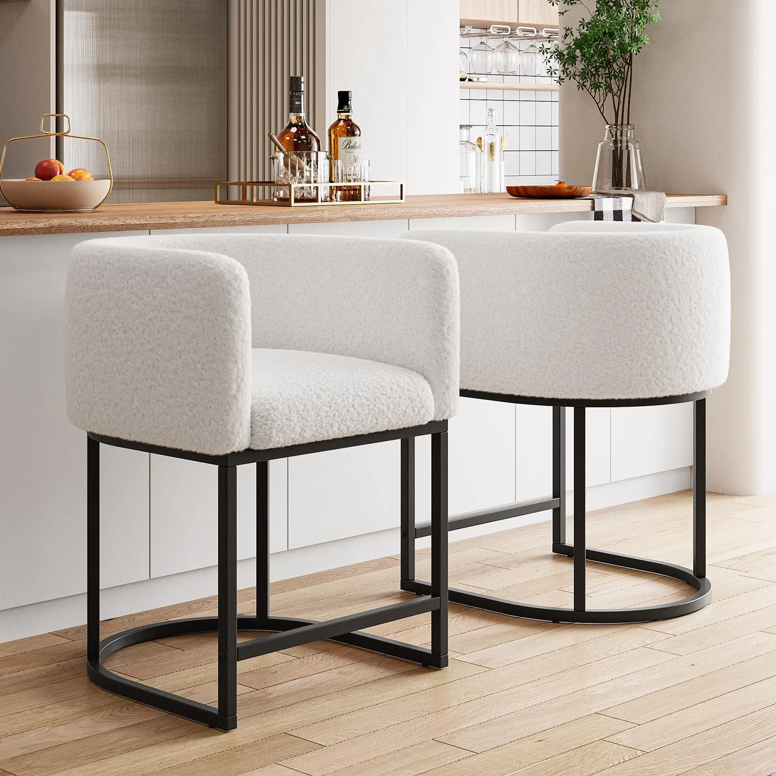 Bar Stools Set of 2, 30.3" Counter Height Upholstered Bar Stools with Lambswool Cushion, Island Stools Barstools with Metal Frame&Non Slip Foot Pads