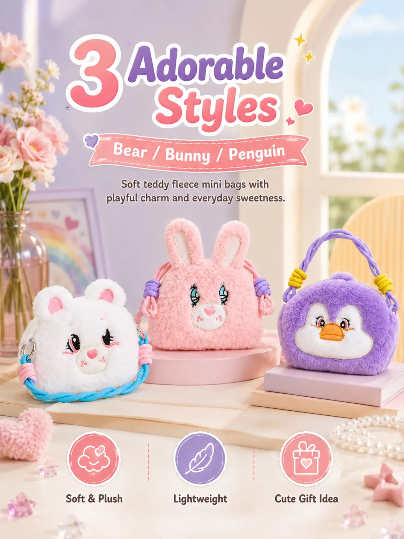 Soft Cute Lace Rabbit Card Case, 51cm Plush Bunny Backpack, Bowknot Decoration, Adjustable Strap, Buckle, Girl Gift