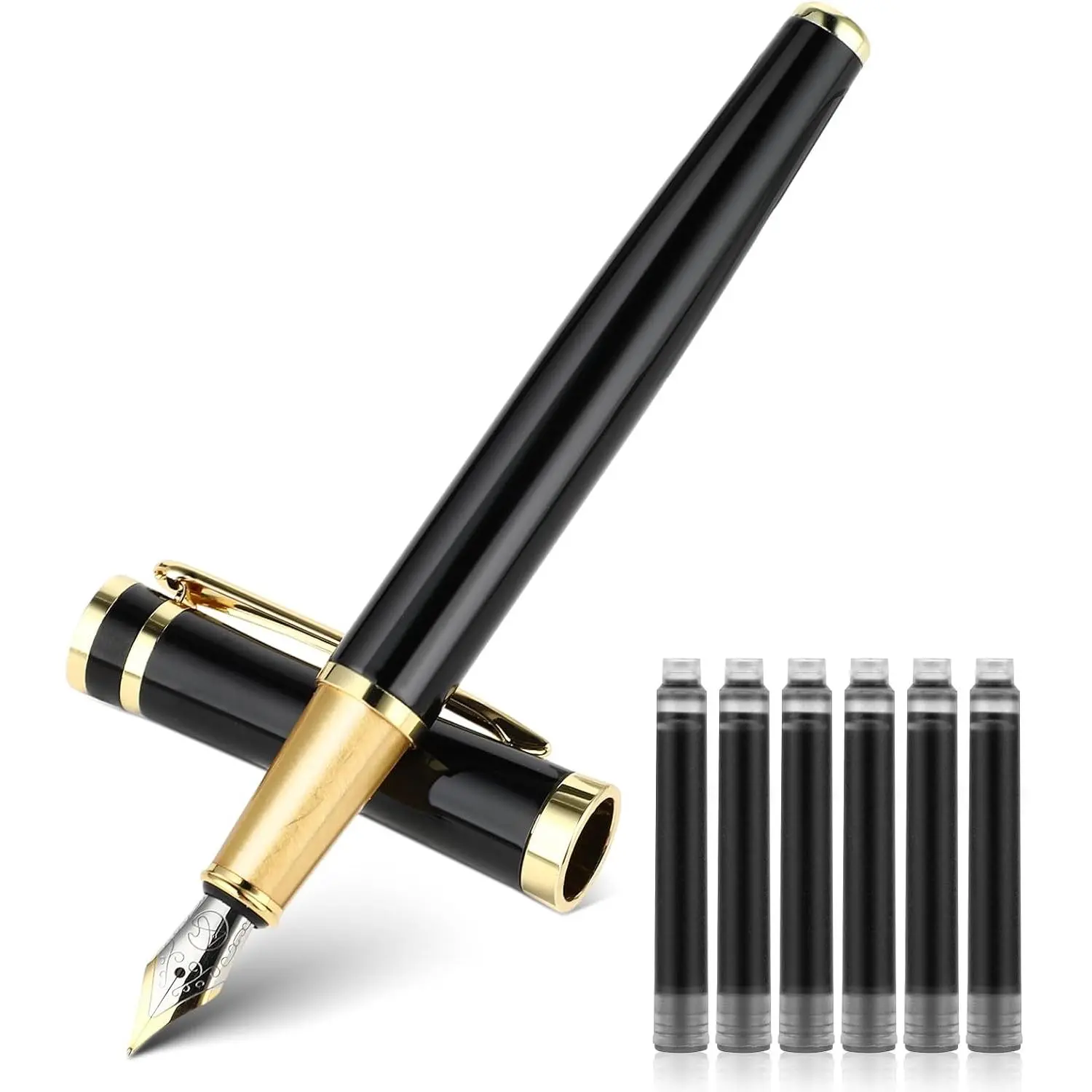 Luxury Metal Fountain Pen Set, 0.5mm Fine Nib Fountain Pen with 6 count 2.6mm Black Ink Cartridges Smooth Writing Pen  for Business Office Journaling Men Women