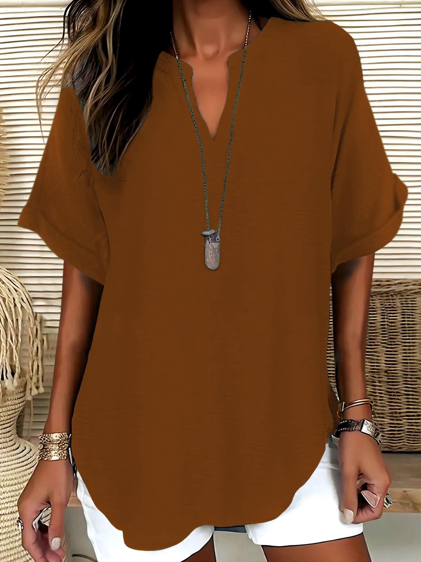 Elegant Polyester V Neck Loose Fit Short Sleeve Blouse Shirt for Women, 100% Polyester, Regular Length, 145g/m&sup2;, Casual Weekend Top Womenswear
