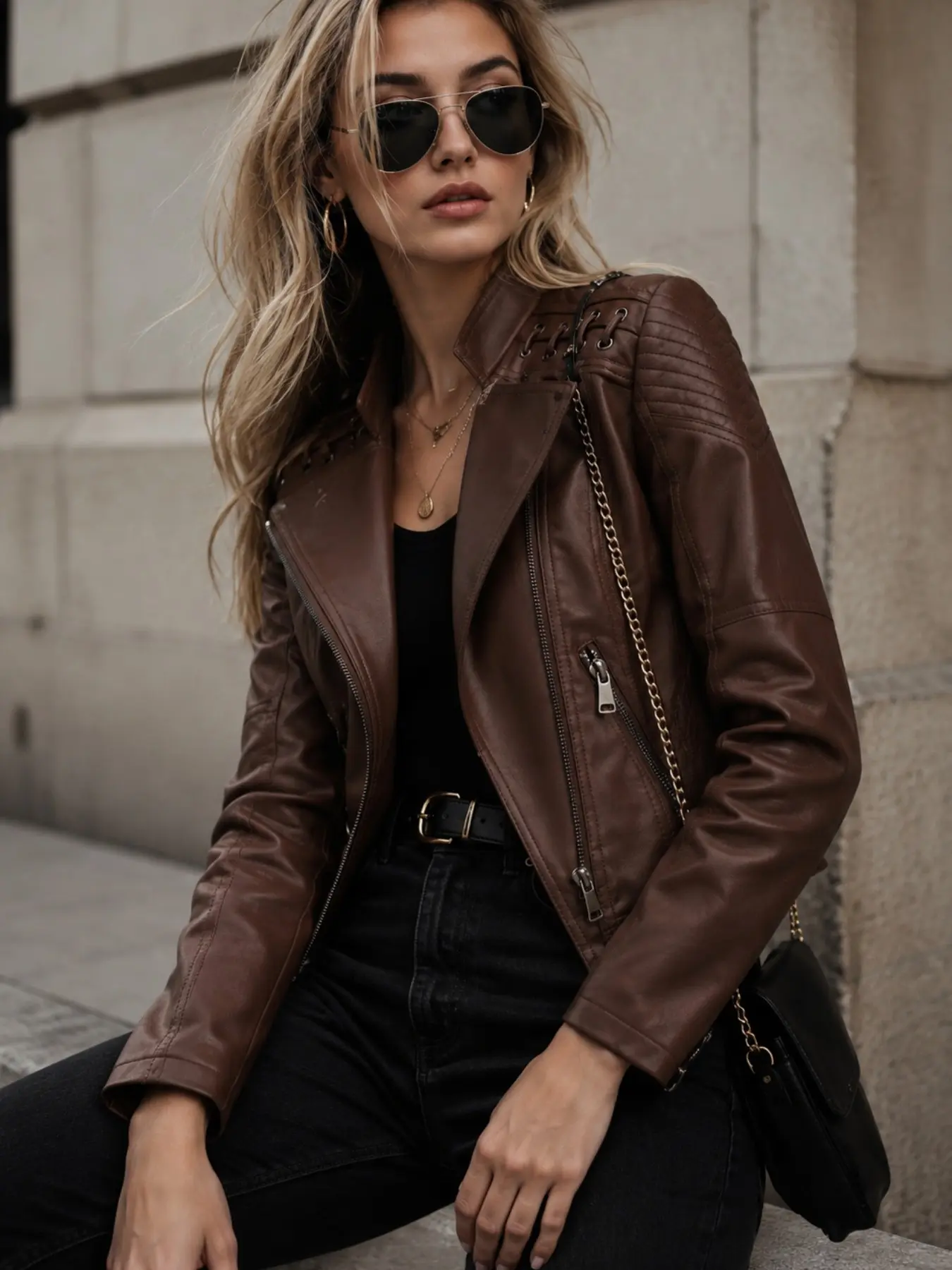 Women's Spring Autumn Faux Leather Motorcycle Jacket, Asymmetrical Front Design, Thin Lightweight PU Coat, Casual Fashion Outerwear