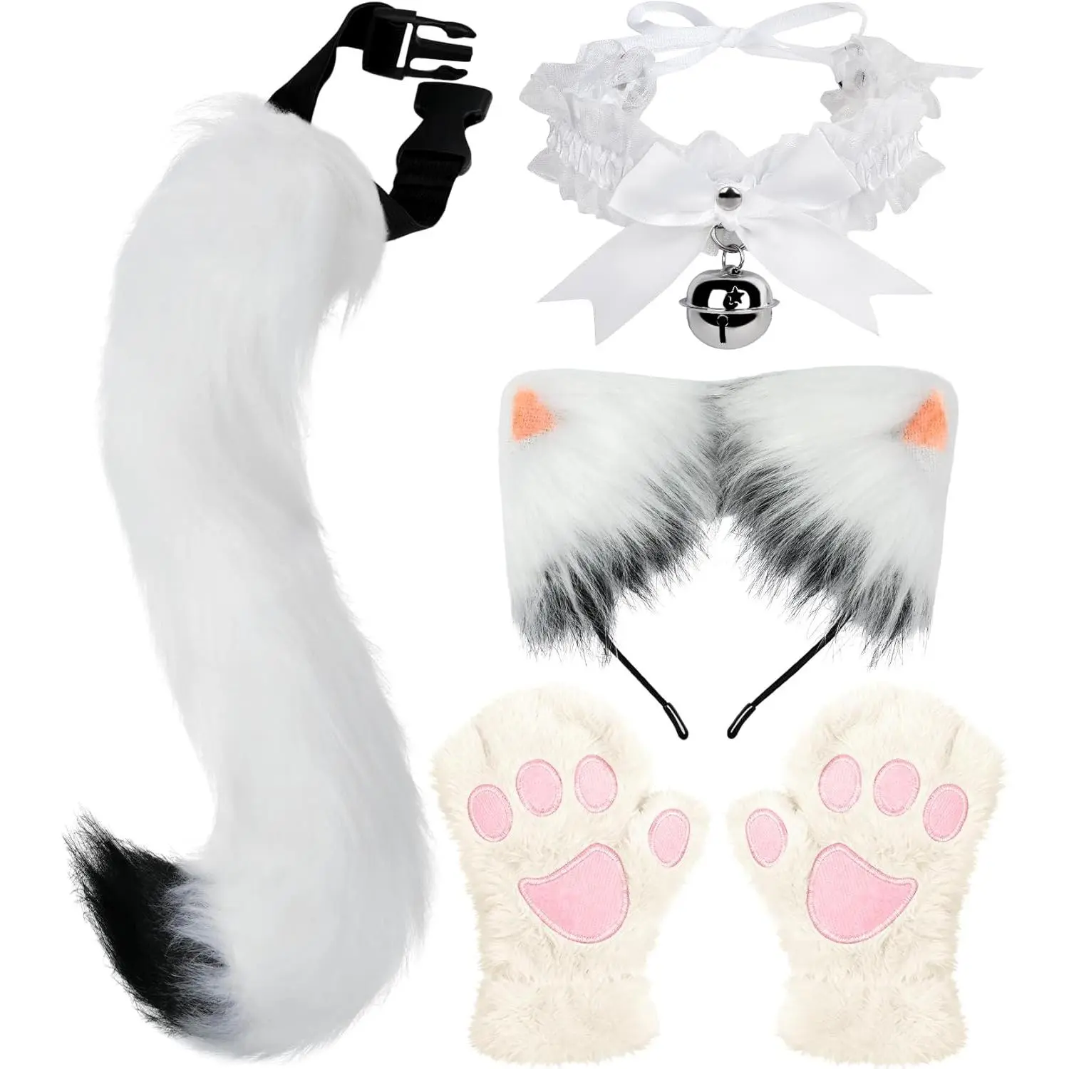 Cat Ears and Tail,Wolf Fox Ears Long Tail and Bell Lace Choker Set  Halloween,Animal Cosplay Party Costume