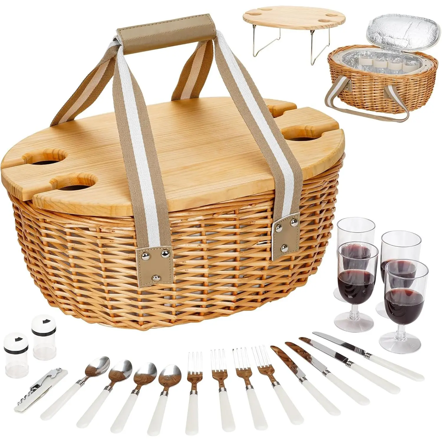 Picnic Basket for 4 - Wicker Picnic Set with  Table | Willow Basket Kit with Insulated Cooler Bag for Camping, Outdoor, Christmas, Party (Beige)