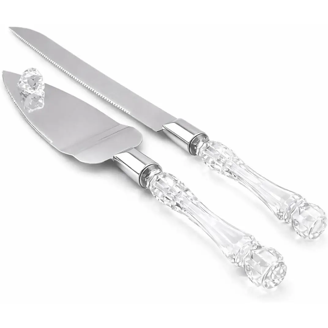 Elegant Cake Knife and Server Set Stainless Steel with Crystal Handle - Perfect for Weddings Anniversaries,and Special Celebrations (Sliver)