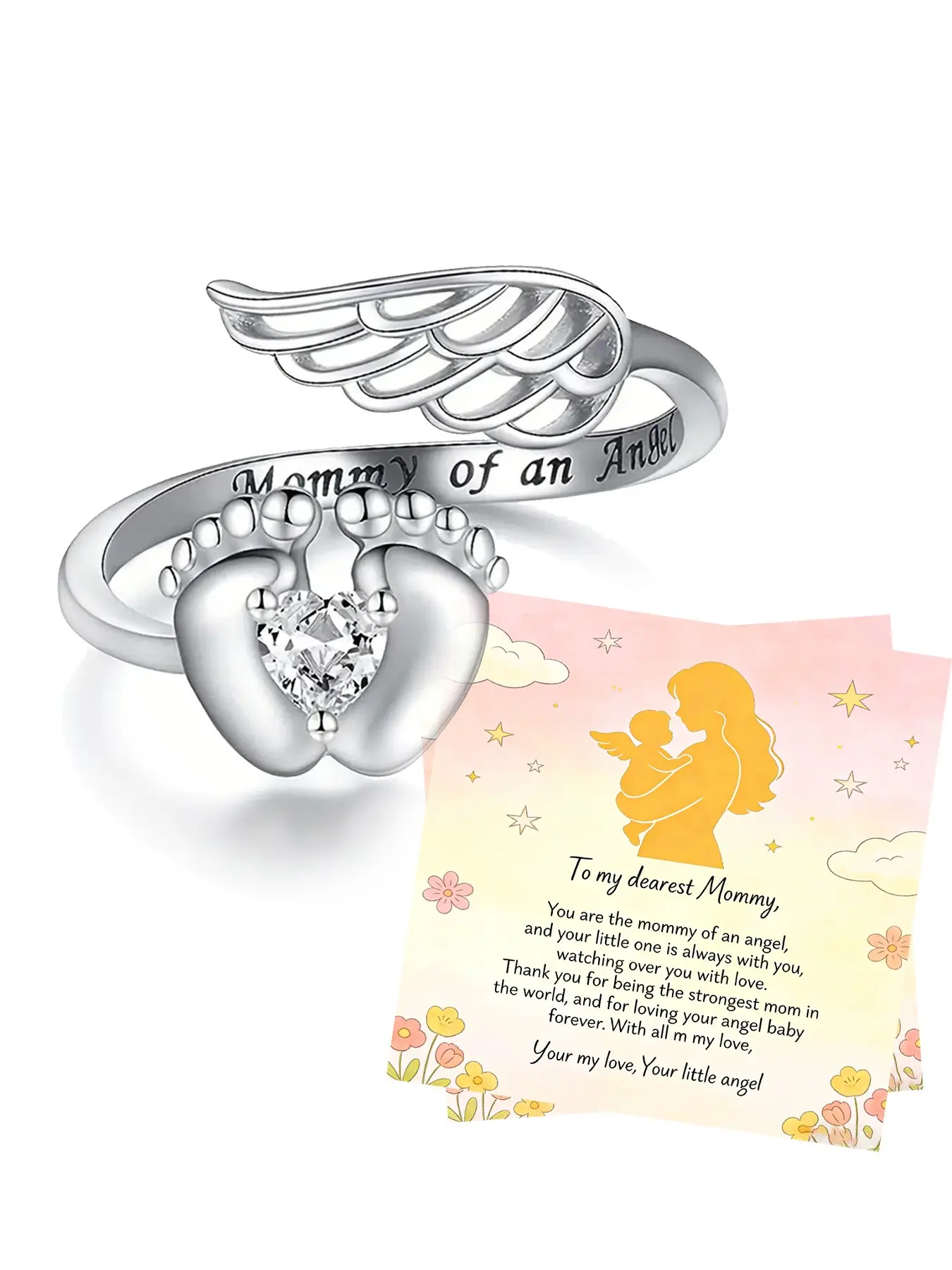 Charming Women's Adjustable Open Ring — Angel Heart with Wings — Engagement & Wedding Jewelry | For Mothers: Pregnancy Loss & Infant Loss Memorial Jewelry — A Commemorative Gift for Mom
