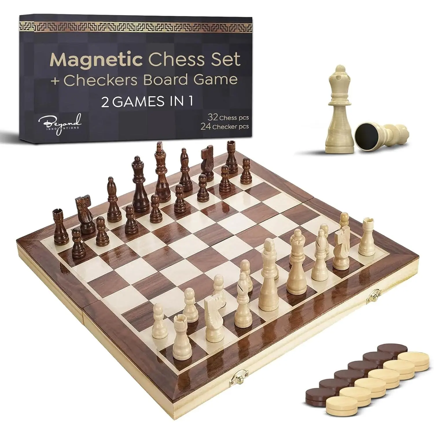 Wooden Magnetic Chess Set & Checkers Board Game, 15" Foldable Chess Board| Solid Wood 2-in-1 Board Game for Adults with Storage Box, 2 Extra Queens, Portable Travel Chess Set for Kids & Beginners