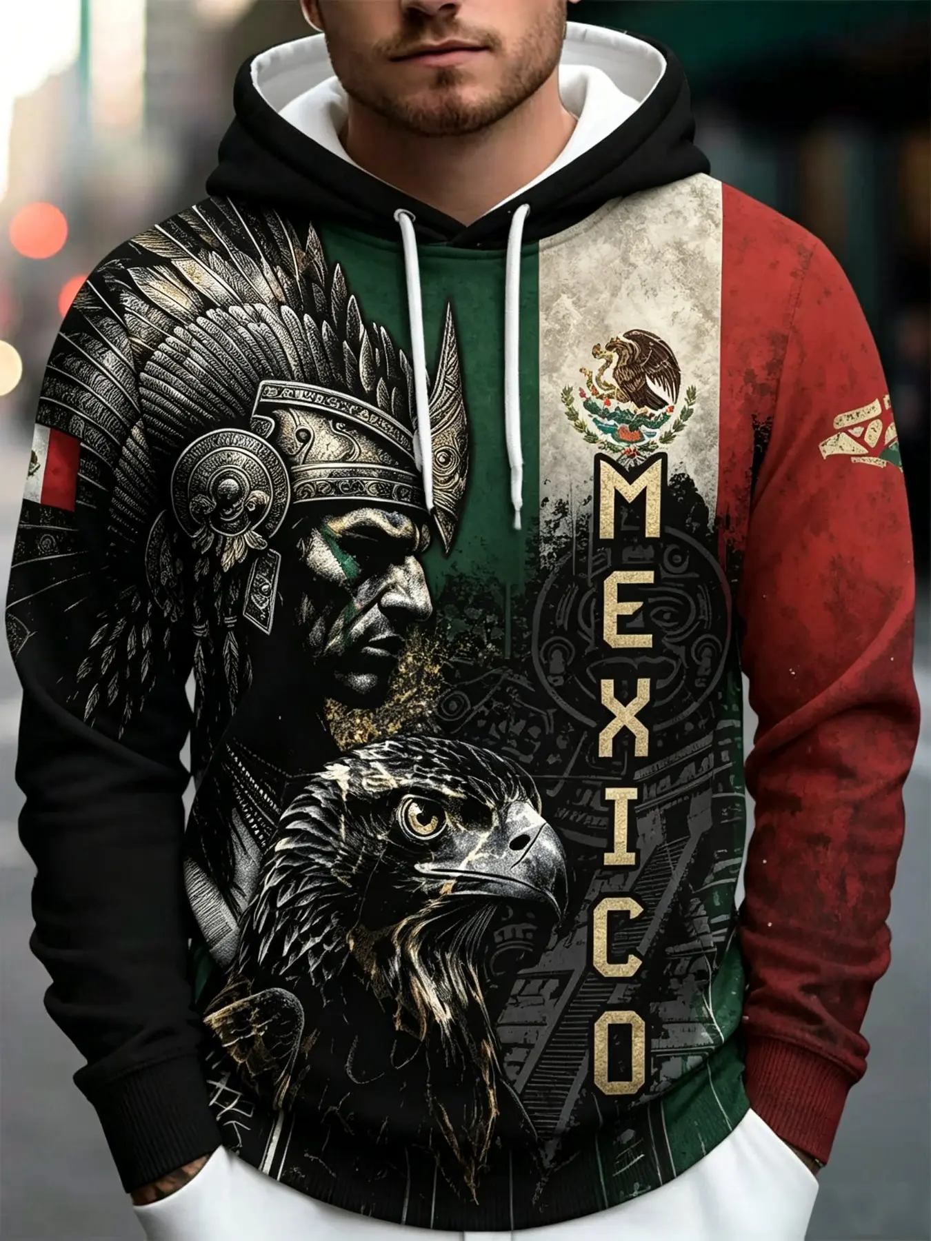 Men's Mexican Flag Hoodie, Aztec Print, Loose-Fit, Casual Style, Fall & Winter Wear, Streetwear, Ethnic Fashion, Unisex Design