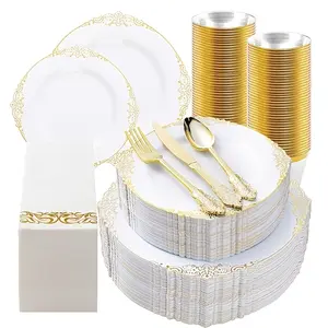 350-piece plastic dinner plate set (for 50 guests), disposable tableware set includes: 100 disposable plates, 150 gold-colored utensils, 50 cups, 50 napkins, suitable for parties, weddings, and other occasions