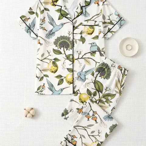 Women's 2-Piece Pajama Set, Short Sleeve Button-Up Shirt and Pants, All Seasons Casual Home Wear, Lemon Tree Bird Print, Pjs