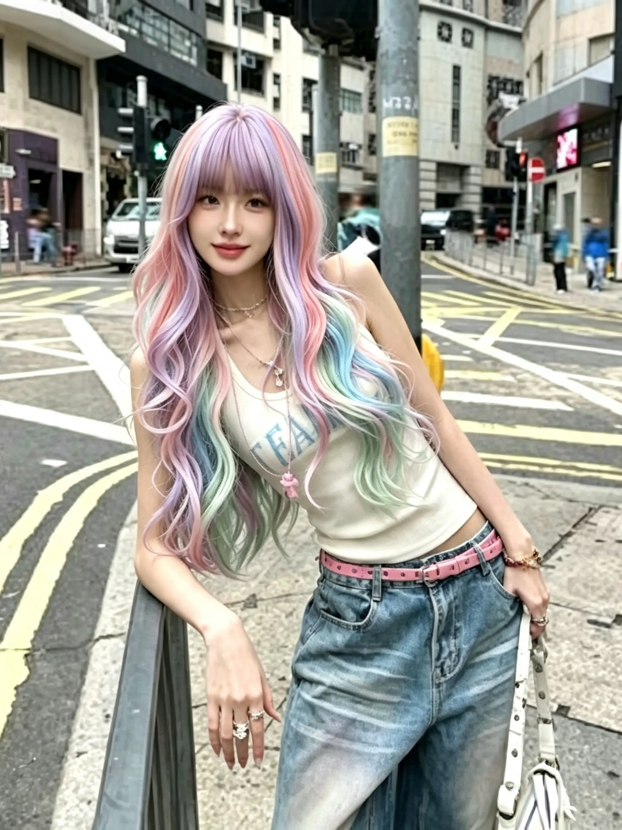 Pastel Rainbow Bangs Long Curly Synthetic Wig for Women, Perfect for Carnival, St Patrick's Day, Halloween, Valentine's Day, Role Play, Parties, Stage Performances, Music Festivals, Curly Wig with Bangs