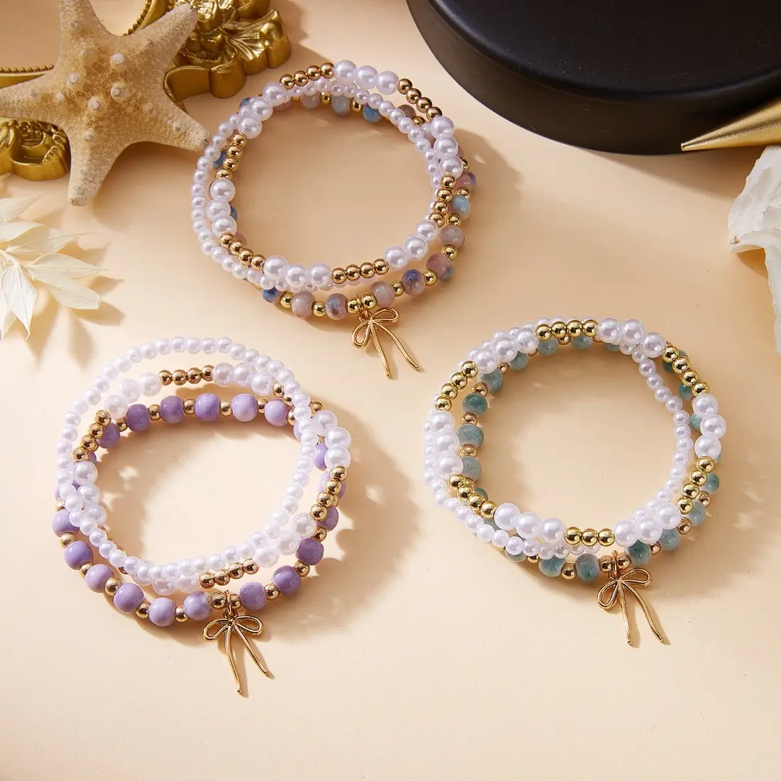 Women's Beaded Bow Bracelet Set - Printed Ceramic & Pearl Fashion Accessories, Stackable, Lightweight Adjustable Wrist Jewelry, Bow Shape Design, Ideal for Daily Wear & Parties, Bracelets for Women