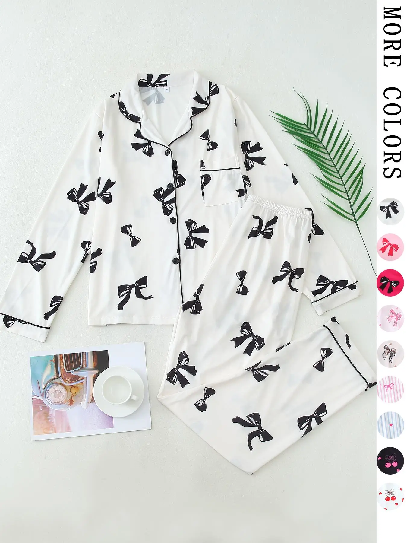 Bow Print Pajama Set, Womenswear, Nightwear, Homewear, French Style Casual Button Down Long Sleeves PJs, Soft 2-Piece Fitted Loungewear Outfit for Women, Perfect Bridal Party & Gift PJ Set, Lounge Pajamas, Pajama Lounge Sets