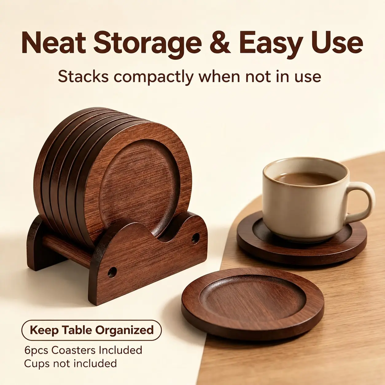6pcs + Cup Holder Set, Handmade Thick Wooden Coasters, Heat-Resistant and Non-Slip Cup Mats. Suitable for Coffee Tables, Bar Counters, and Desk Tea Tables, Kitchen Decor - with Wood Grain, Rustic Style Table Mats, Home Housewarming Gift