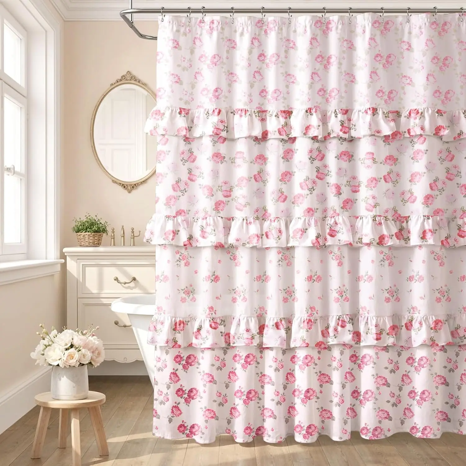 Pink Floral Print Ruffle Shower Curtain - Vintage Farmhouse Cotton Blend Bathroom Curtain, 72x72 in, Flowers