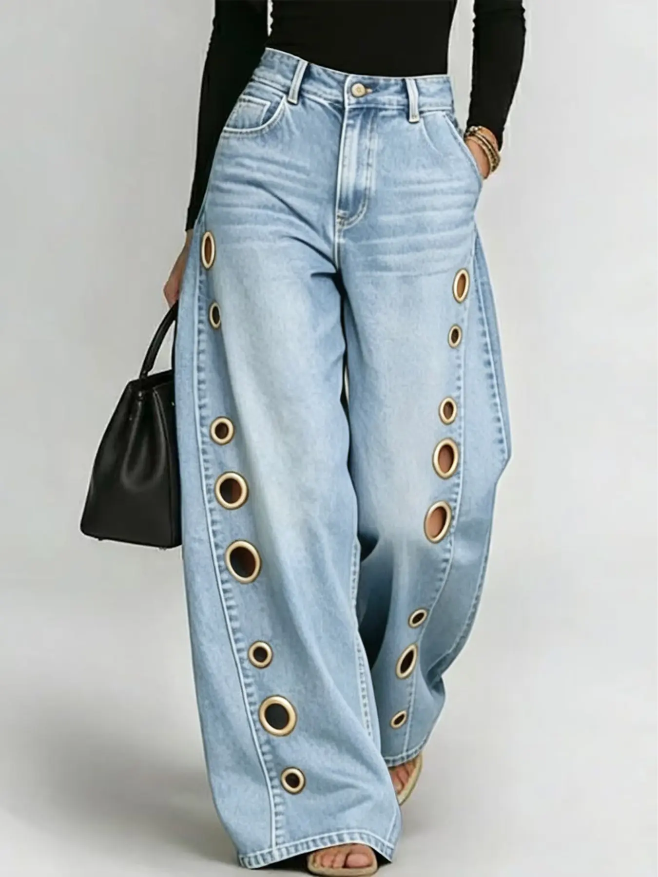 D8773-1 2026 Spring Summer New Metal Chicken Eye Women's Plain Light Wash Loose Jeans, Casual Long Pants, All Seasons Fashion