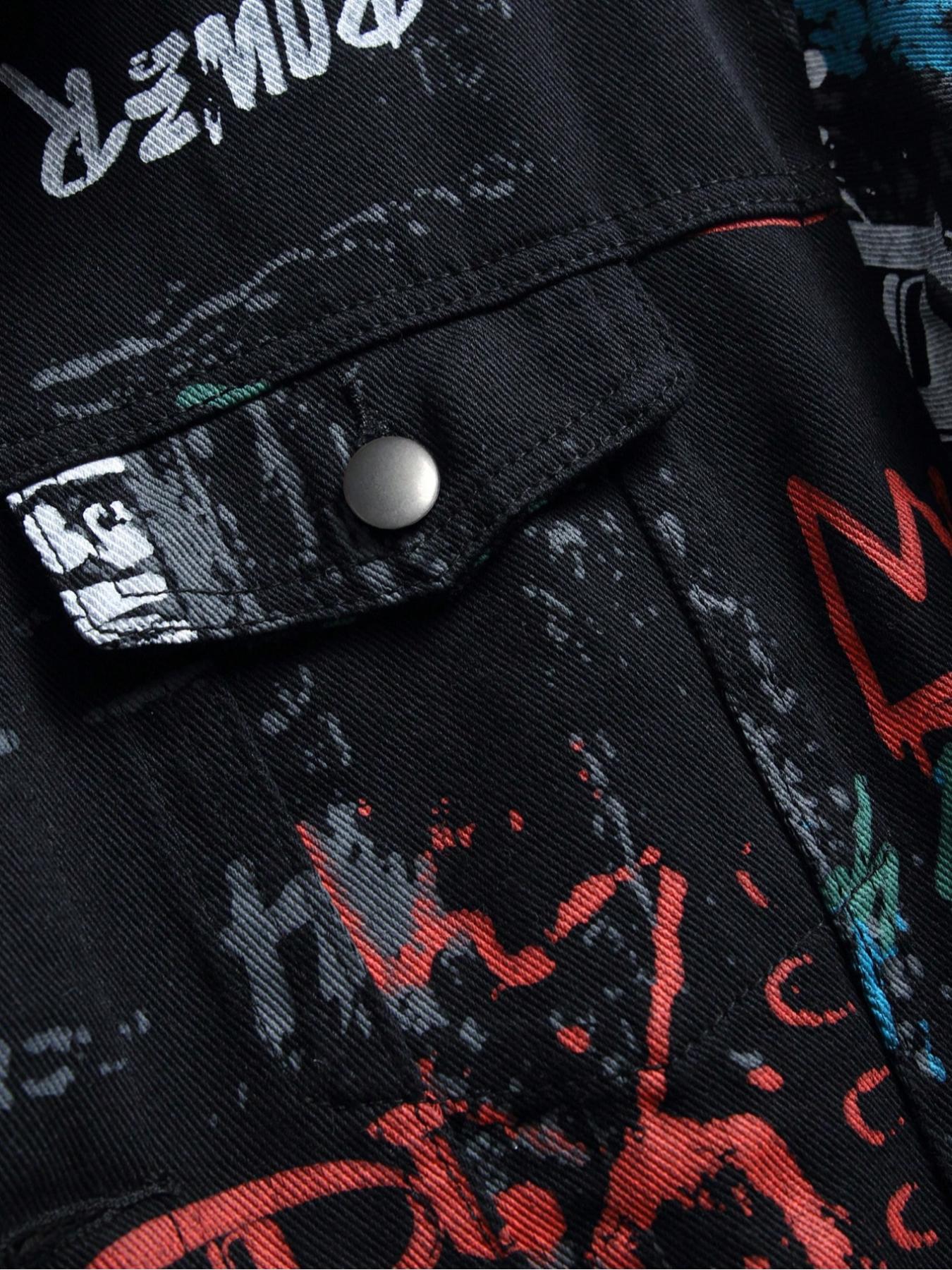 Men's Graffiti Letter Print Denim Jacket, Loose Casual Street Comfy Long Sleeve Casual Style Outerwear for Daily Wear, Casual Pocket Outerwear, Menswear for All Seasons, Coats