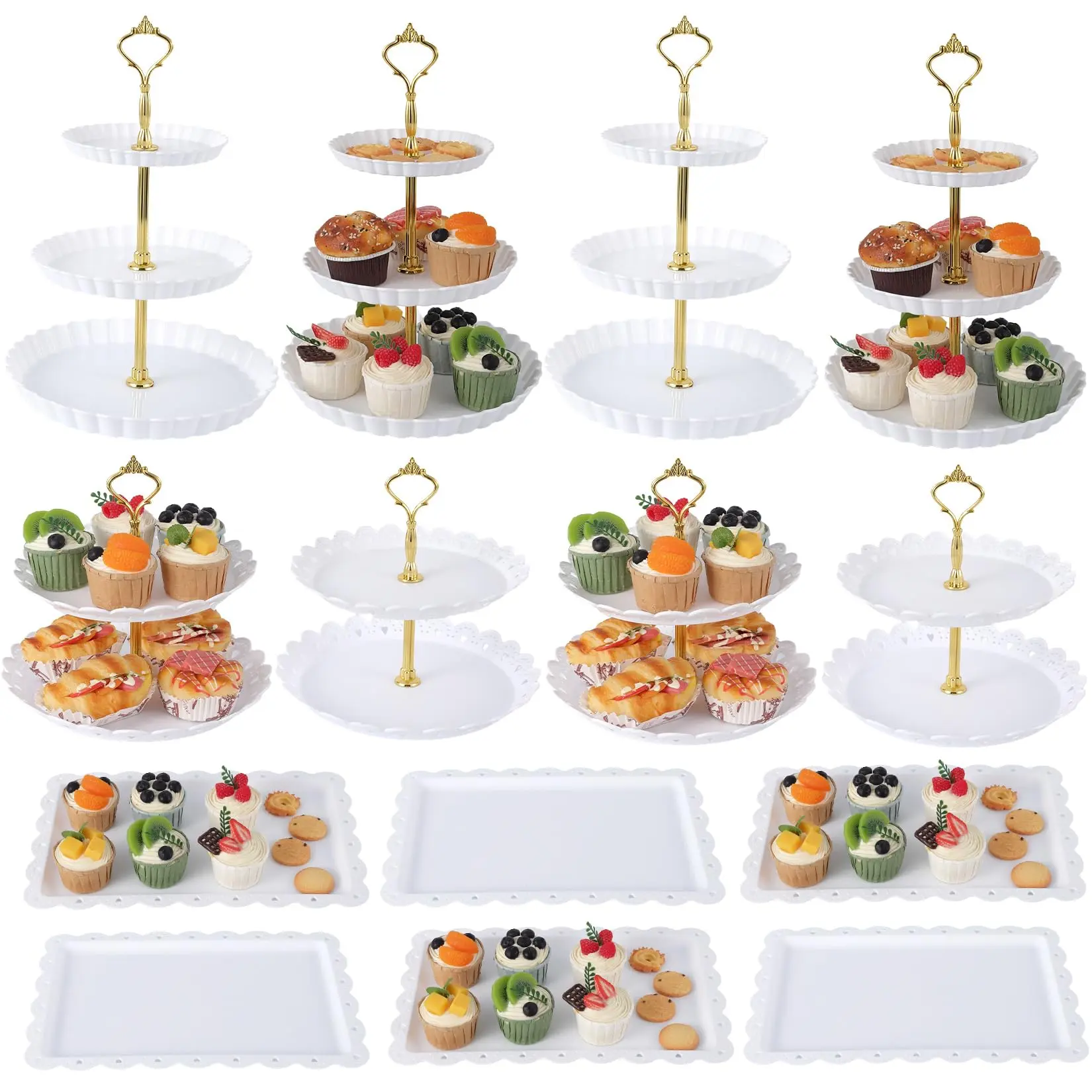 Garvee Set of 14 Dessert Stands and Serving Trays – Includes 4 Tiered Cake Stands (3-Level and 2-Level) and 6 Rectangular Plastic Trays for Cupcakes, Donuts, Fruits, and Appetizers