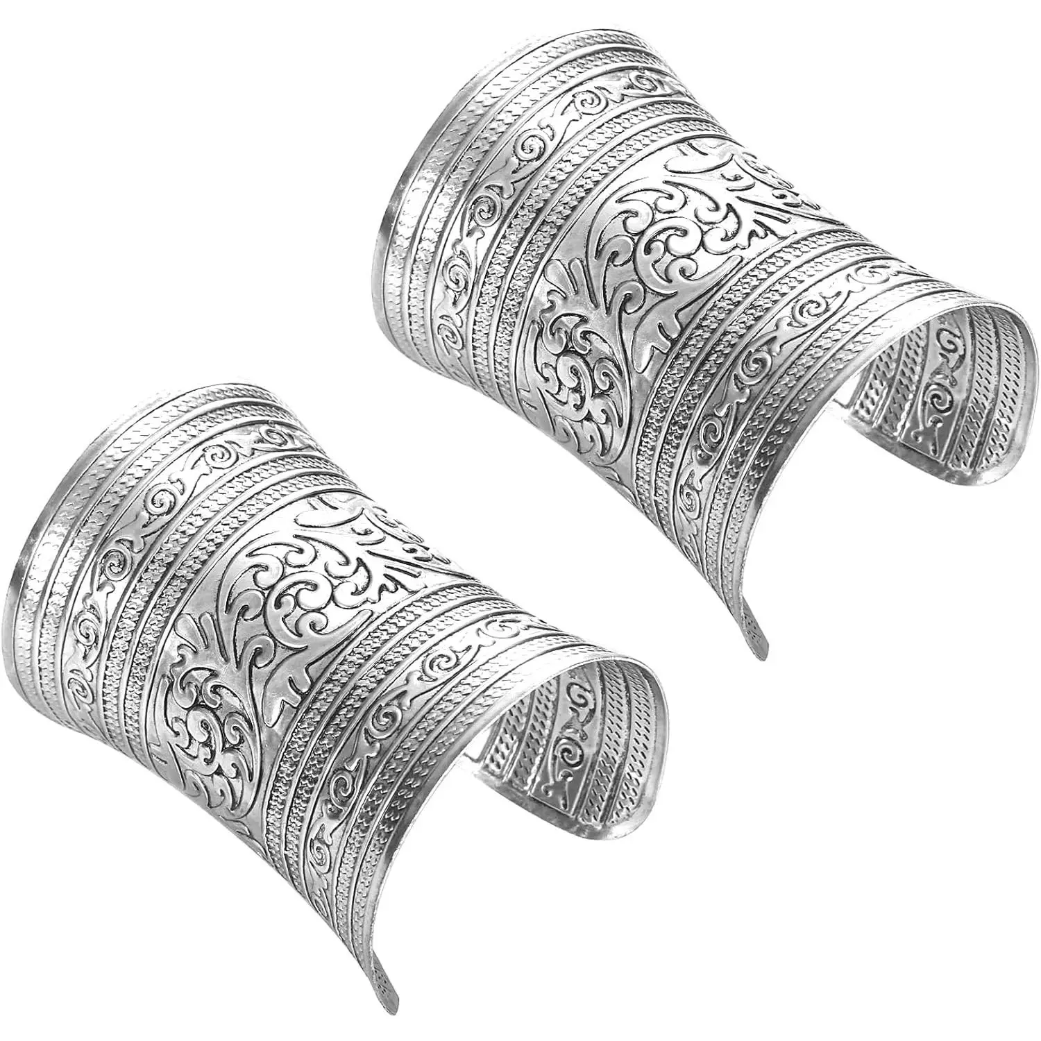 2PCS Chunky Cuff Bracelet – Vintage Open Wide Gold Silver Bangles, Cosplay Belly Dance Jewelry for Women