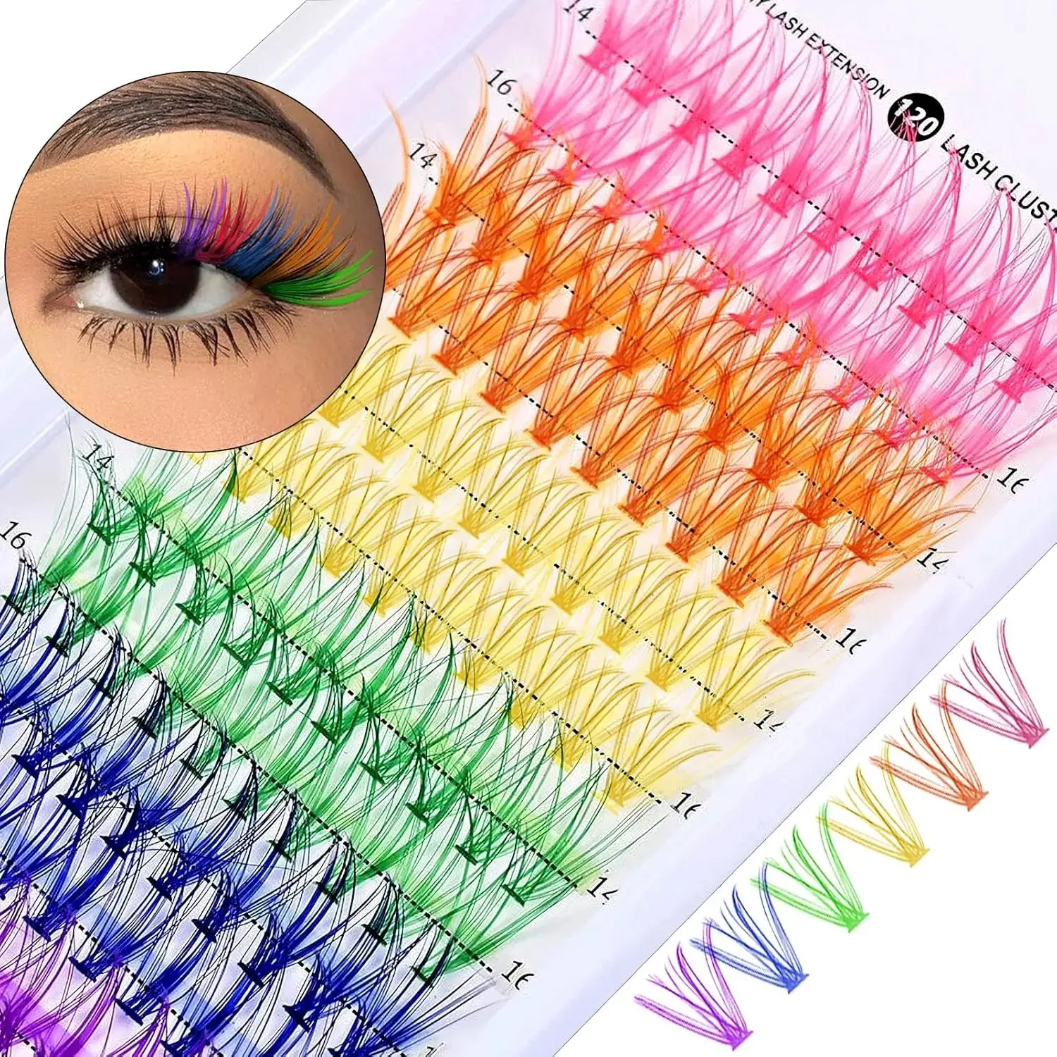 Fairy Colored Lash Extensions Clusters, False Eyelashes, Individuals Eyelash Clusters Diy Colored Eyelash Kit 6 Colors Rainbow Individual Eye Lashes 14/16mm D Curl Blue, Purple（120pcs)（No Glue）