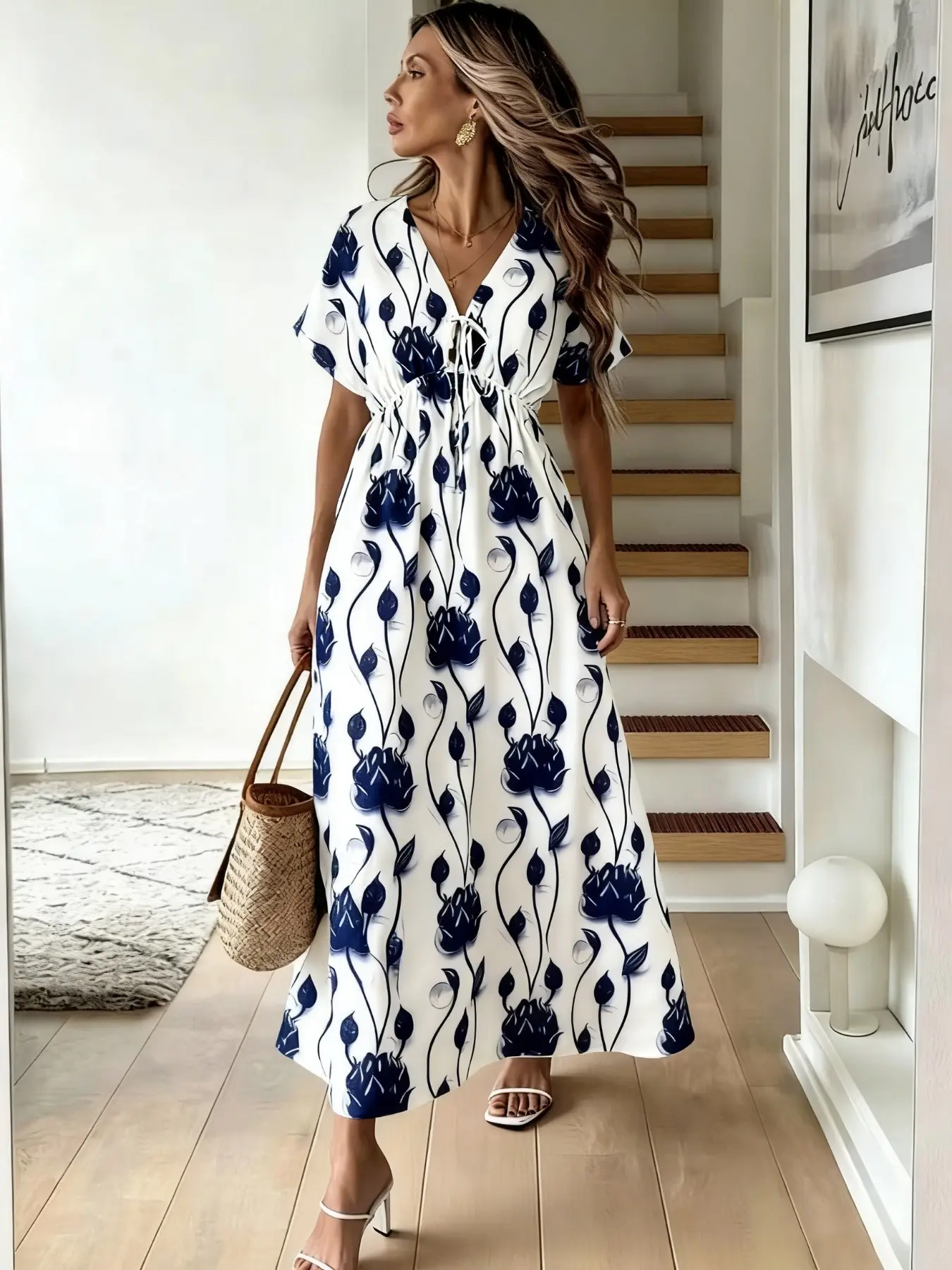 Women's Blue Print Midi Dress, V Neck Short Sleeve Waist Cinch Summer Casual Beach Holiday Dresses Resort Wear Long Dress, Fashionable and Comfortable
