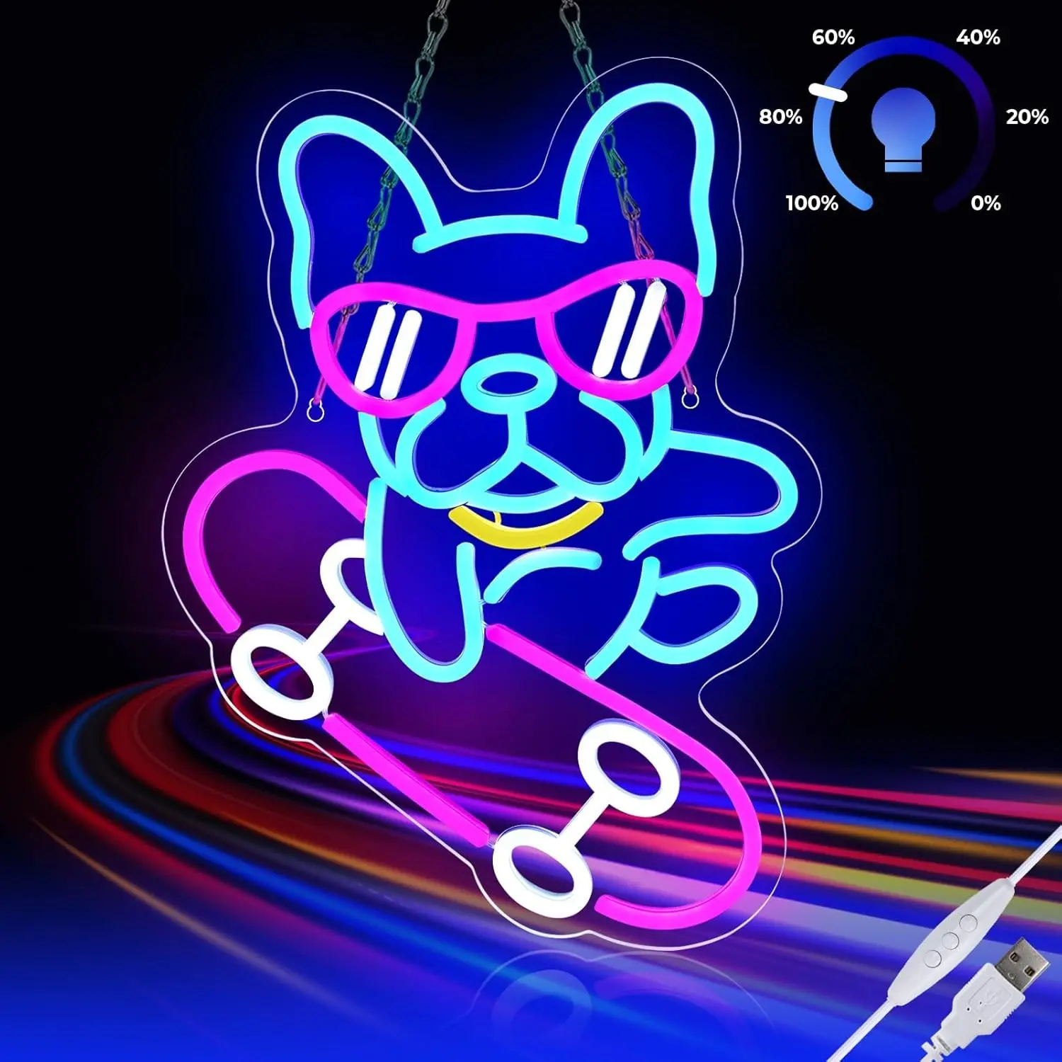 Dog Neon Light Sign Skateboard Neon Light for Wall Decoration, Adjustable Brightness, French Bulldog LED Neon Sign for Bedroom, Living Room, Party Gifts, Wall Mounted Light