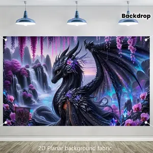 2D Flat, 2D Flat, A Dreamy Dragon Waterfall Landscape Polyester - 2D Flat Wall-Mounted Background, Suitable for Home Decor, Parties, And Photography - Featuring a Vibrant Purple And Blue Design, No Electricity Required, Usable in All Seasons