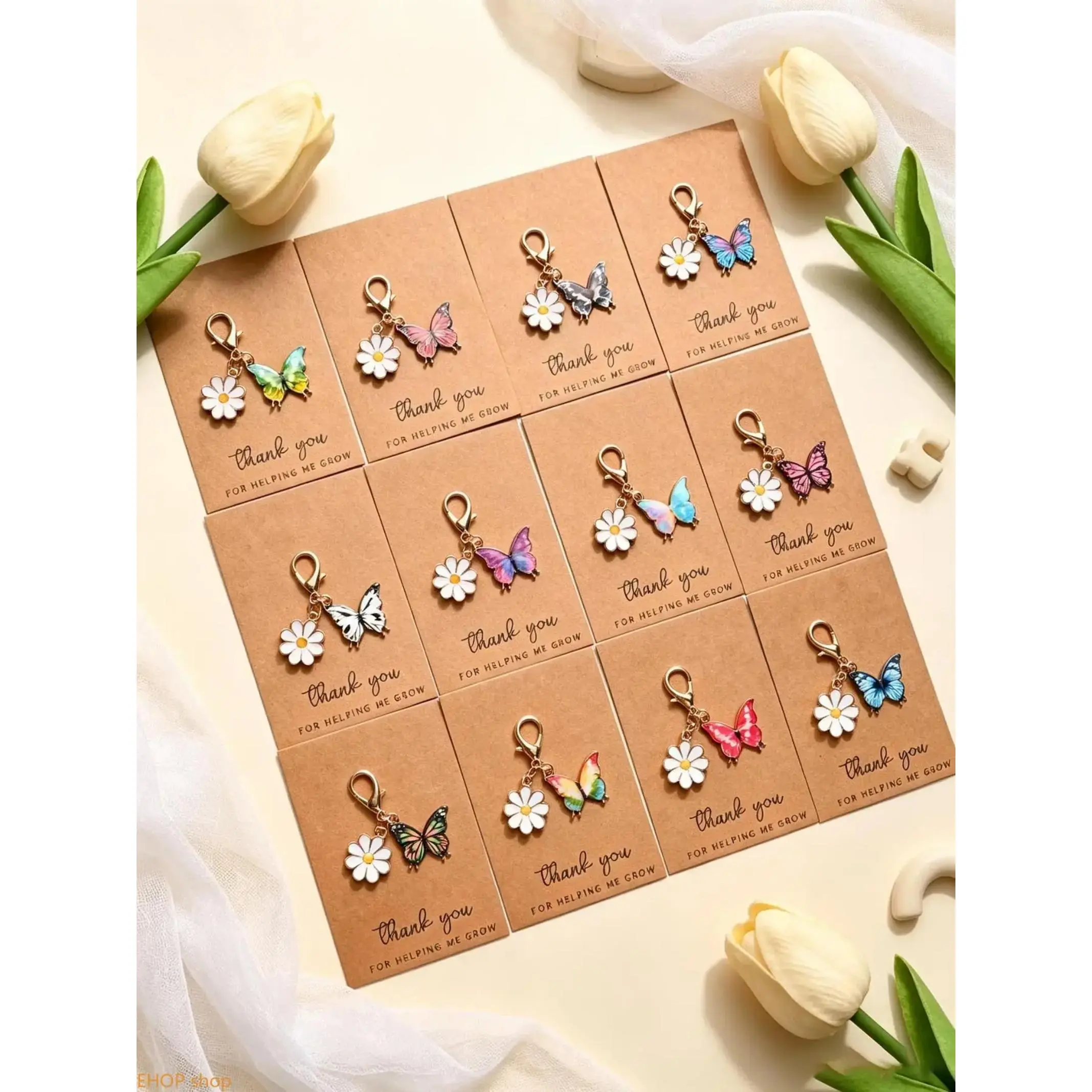 12-Piece Keychains, Butterfly & Daisy Pattern, Plain Polyester Mini Charms with Motivational Cards, Party Favors & Encouragement Gifts for Friends, Parties, Unisex