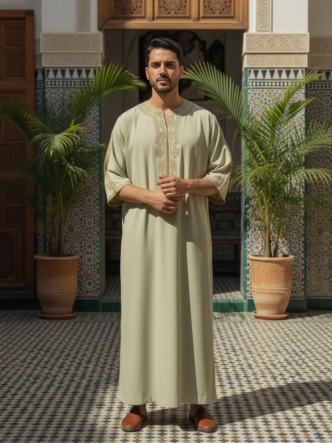 Muslim Traditional Robe Moroccan Style Men's Casual Ethnic Embroidered Long Robe, Islamic Thobe, Authentic Saudi Thobe, Fashionable Arabic Clothing for All Seasons Clothes