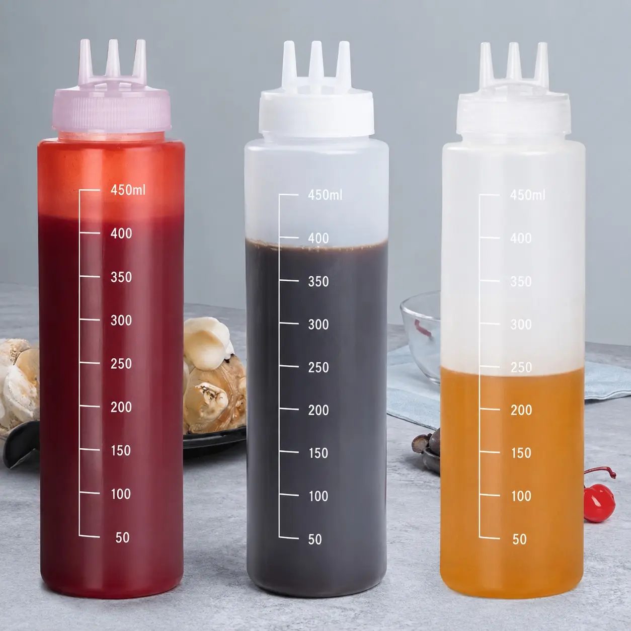 3pcs Condiment Dispenser Bottles, Seasoning Containers, 450ML Plastic Squeeze Bottles, Ideal for Thick Sauces, Ketchup, Mustard, Syrup, BBQ, Kitchen Art, Party Decor