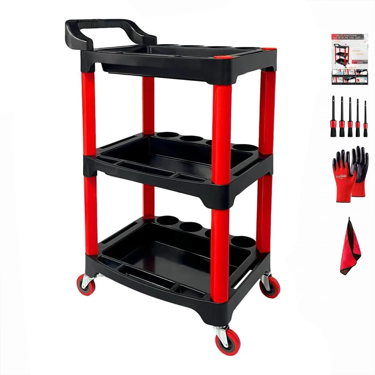 Auto Detailing Cart with Wheels, 3 Tier Rolling Detail Cart,  Wash Organizer for Detailers Garage, Workshop, Repair Shop, Storage Tool