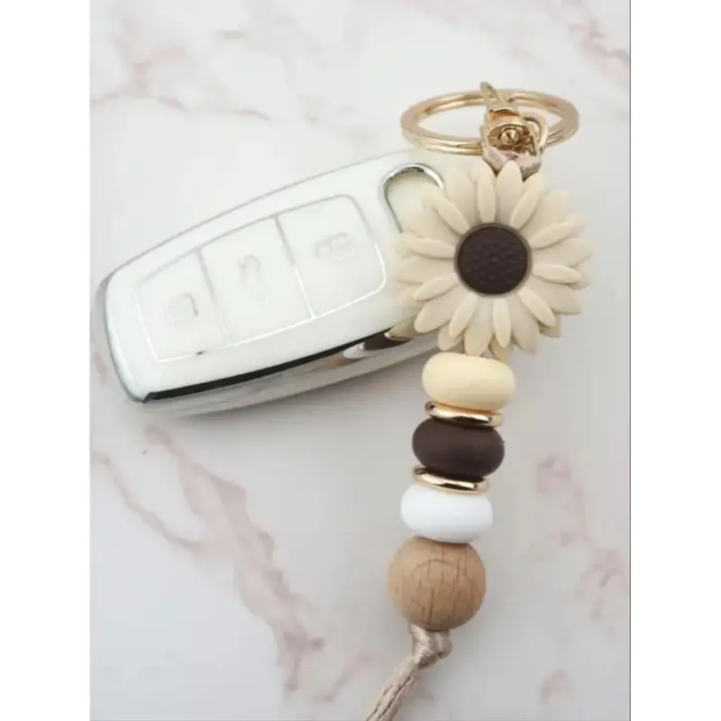 Cute sunflower pattern silicone bead keychain, stylish car and wallet decoration keychain, fashionable multifunctional birthday gift keychain