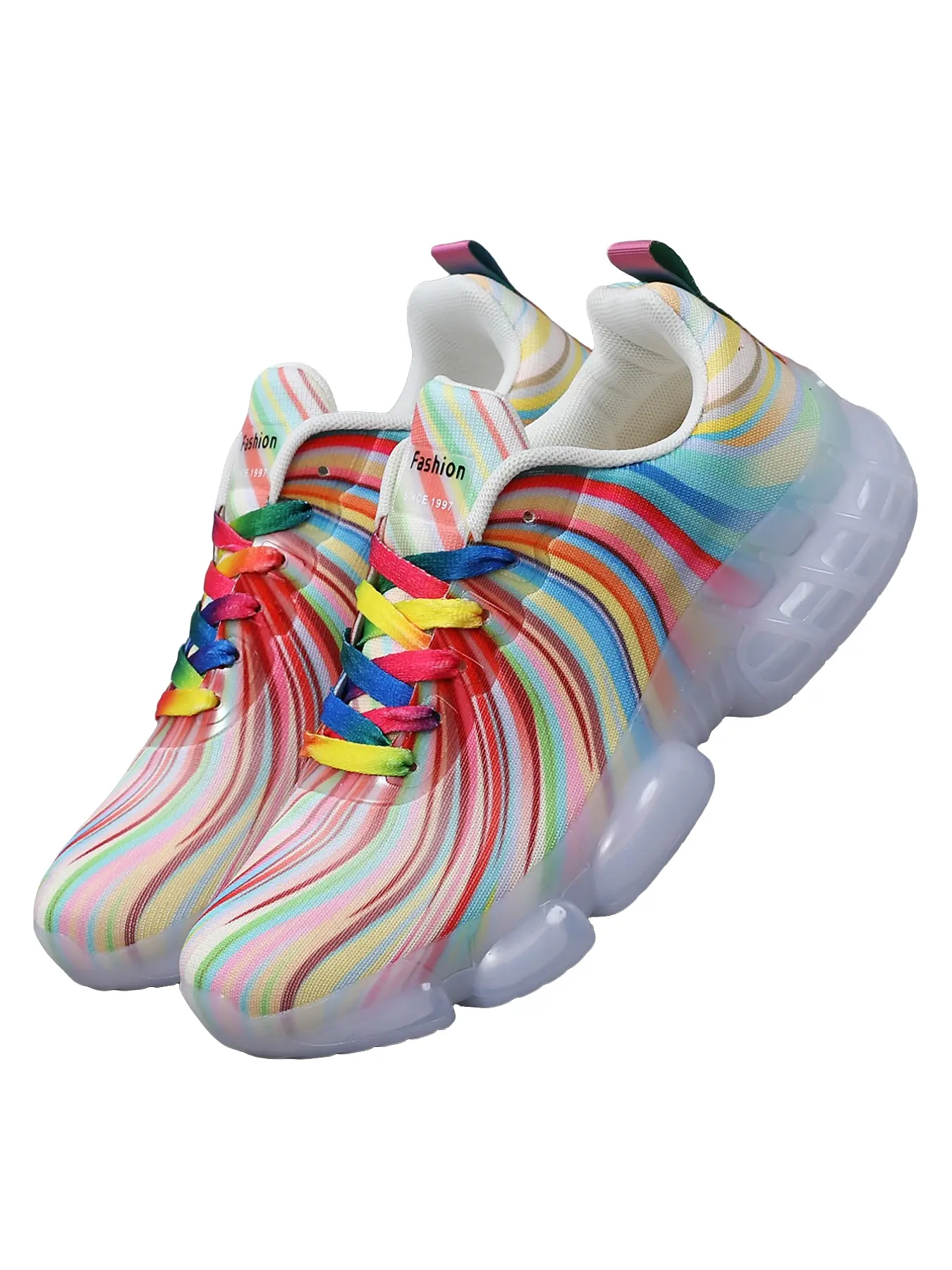 Men's Low Top Outdoor Sports Shoes, Colorful Rainbow Swirl Upper, Colorblock Sneakers, Transparent Bubble Sole, Casual Sporty Sneakers, All Seasons