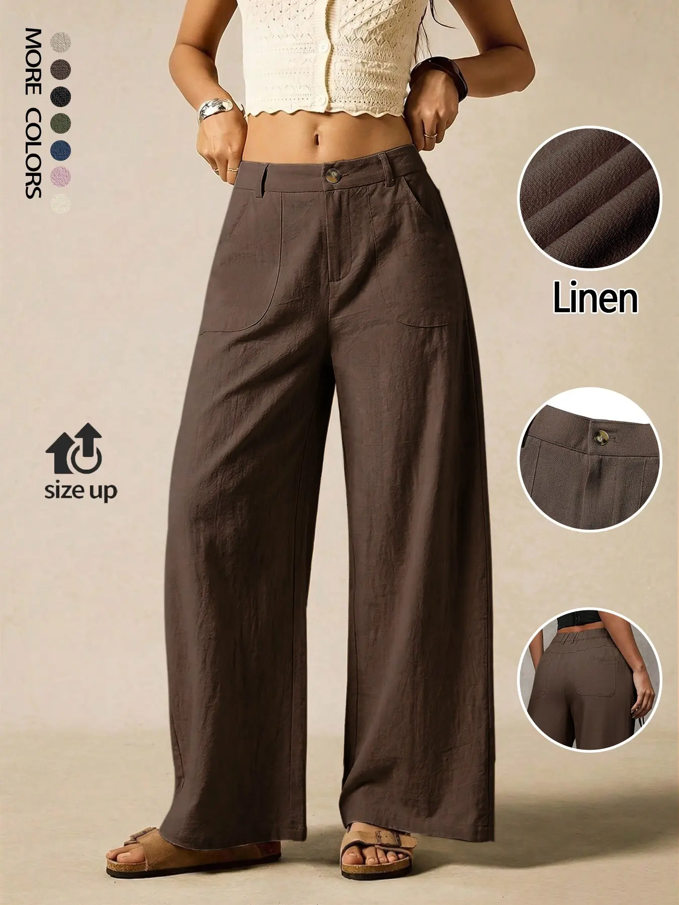 Women's Summer Breathable Lightweight Linen Palazzo Pants Bottoms, Flowy Wide Leg Beach Trousers with Buttons & Pockets, Casual Solid Color Soft Elastic High Waist Trousers for Travel, Vacation, Date and Work