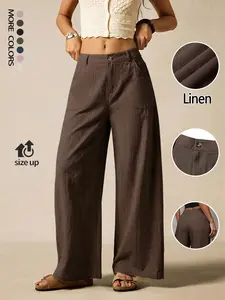 Women's Summer Linen Breathable Lightweight Palazzo Pants Flowy Wide Straight Leg Beach Trousers, Button Pocket Trousers, With Pocket Casual Solid Color Soft Elastic High Waist Travel Vacation Date Brunch Home Work Street wear