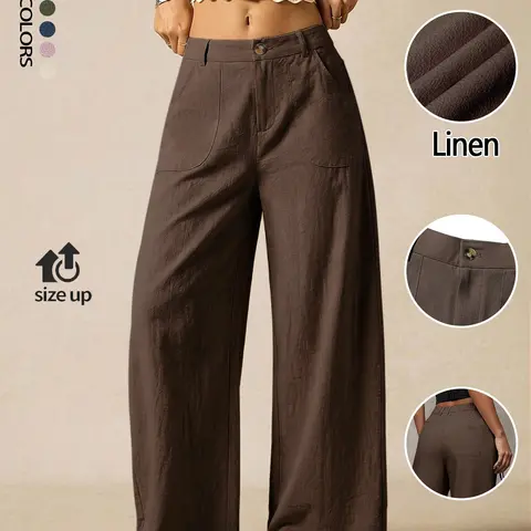 Women's Summer Breathable Lightweight Linen Palazzo Pants Bottoms, Flowy Wide Leg Beach Trousers with Buttons & Pockets, Casual Solid Color Soft Elastic High Waist Trousers for Travel, Vacation, Date and Work