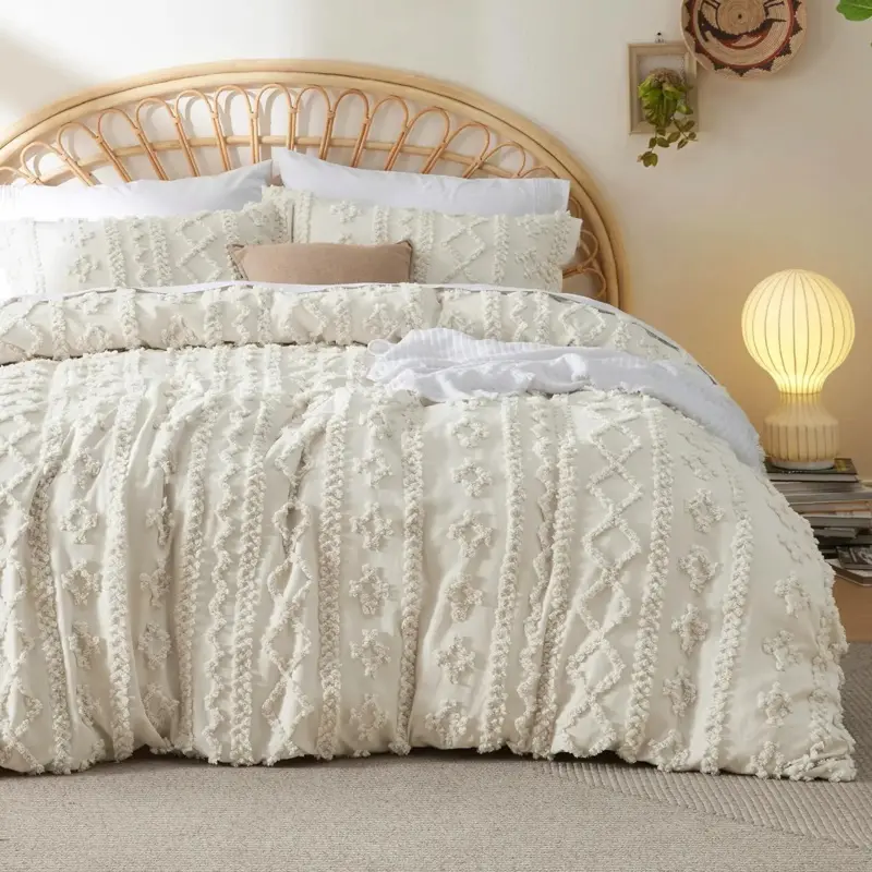80" x 90" Full Fit Boho Duvet Cover (Beige) - 1 Brushed Finish Bedding, Modern, Breathable, Durable, Fade-Resistant Tufted Piece with 3 Embroidery Details, All-Season Bedroom Decor for Bohemian Vibe, Tumble Dry Low, Comforter Not Included