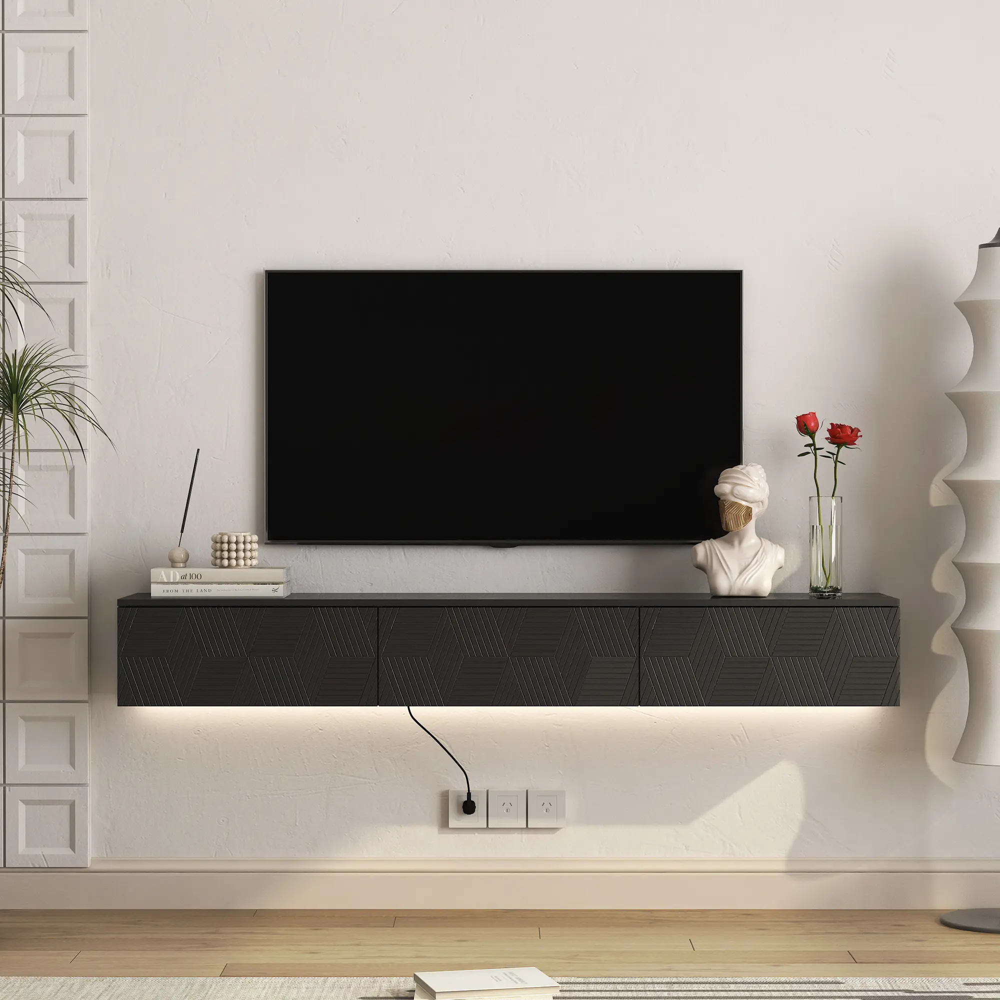 ARCH Wall-Mounted Floating TV Stand - 67" Width Media Center with 16-Color LED Lights, Storage Shelves, Cable Management, Black MDF Cabinet for 55/60/65 Inch TVs, Living Room Indoor Furniture, Modern