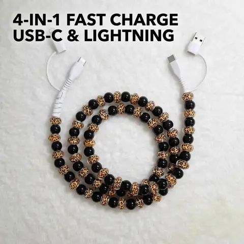 Fashionable 4 in 1 Beaded Charging Cable Fast Charge for Phone， Compatible with all devices USB-C and Lightning interfaces, 3.3 feet in length, ideal for women for fast charging, Holiday gifts, New year gifts, Beaded Charging Cords, Charger Cable