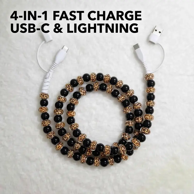 Fashionable 4 in 1 Beaded Charging Cable Fast Charge for Phone, Compatible with all devices USB-C and Lightning interfaces, 3.3 feet in length, ideal for women for fast charging, Holiday gifts, New year gifts, Beaded Charging Cords, Charger Cable
