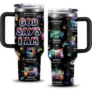 Christian Gamer Gifts, 40 Oz God Says I Am Tumbler With Handle, Christian Gifts for Men/Boys, Inspirational Religious Birthday Gift for Game Lover Bible Verse Cup, Gaming Gift For Gamer Tumbler