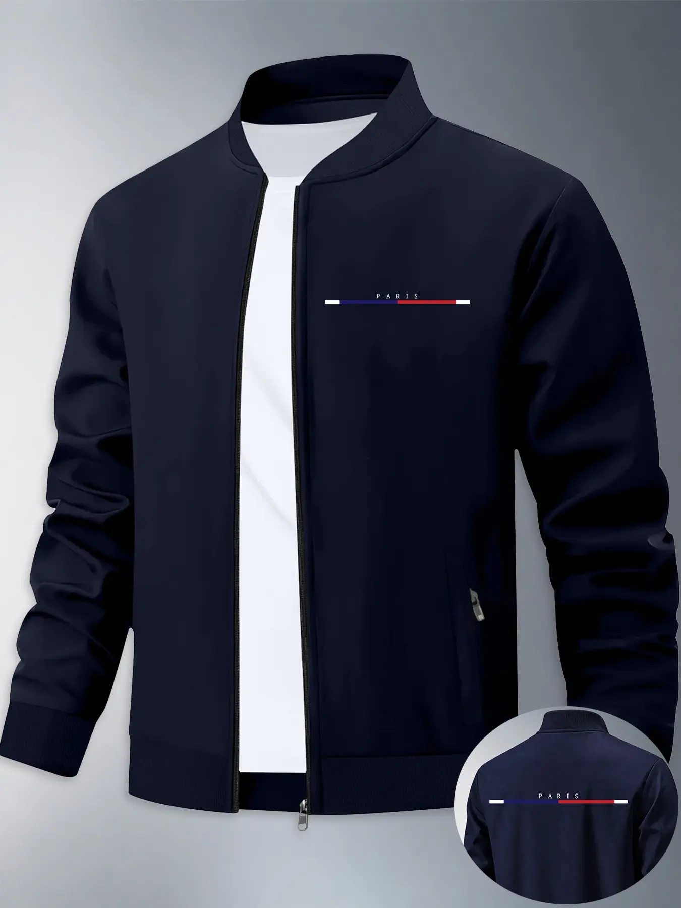 Men's Paris Blue Striped Stand Collar Baseball Jacket, Loose Fit, Smooth Wrinkle-Resistant Elastic Fabric, French Luxury Commuter Style