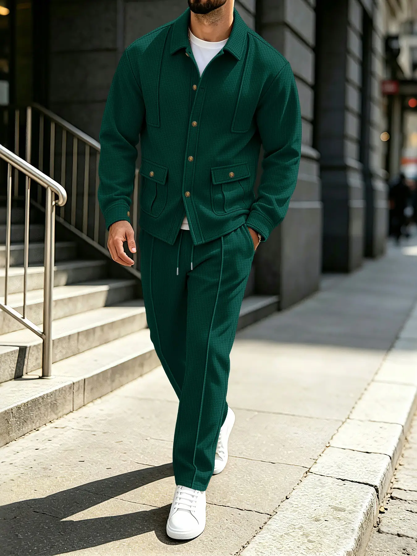 Men's Waffle Workwear Set, Button-Up Jacket with Drawstring Straight Pants, Loose Fit Casual for Spring, Fall, Winter