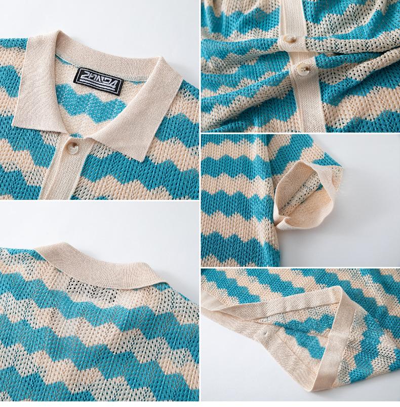 Men's Vintage Hong Kong Style Wave Pattern Hollow Knit Shirt with Turn-down Collar, Summer Short Sleeve Casual Polo Shirt