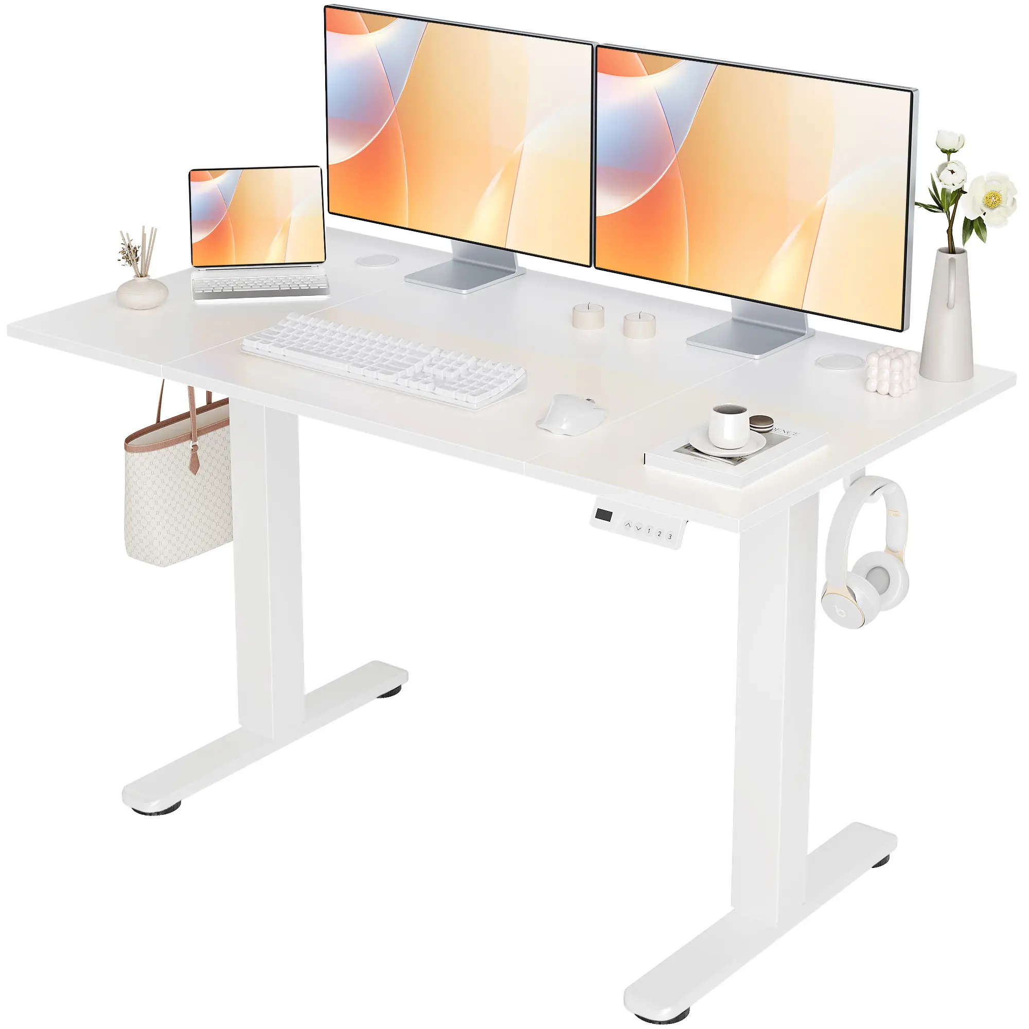 Claiks Electric Height Adjustable Standing Desk, 48 x 24 Inch Sit-Stand Workstation with T-Shaped Frame, 3 Memory Height Options & Built-in Cable Management for Home Office, White Frame/White Top